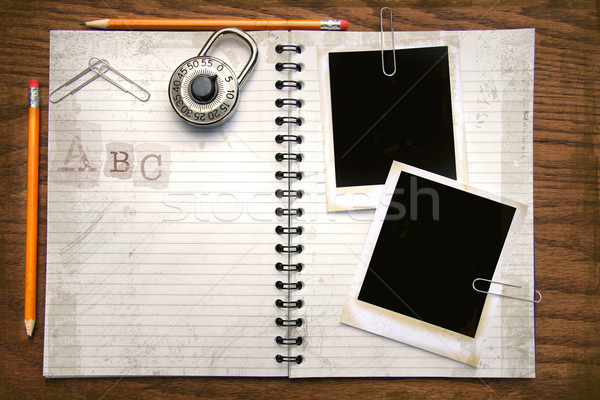 White copy book, pencils and polaroids Stock photo © Sandralise