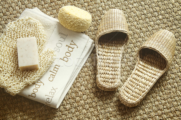 Spa setting with slippers, towel and soap Stock photo © Sandralise