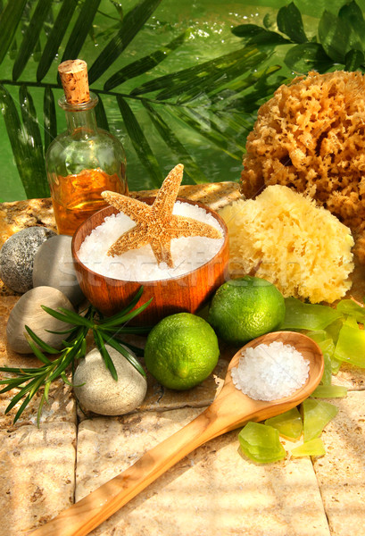 Sea salt, sponges, limes and spa essentials  Stock photo © Sandralise