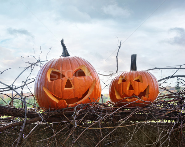 Funny face pumpkins sitting on fence Stock photo © Sandralise