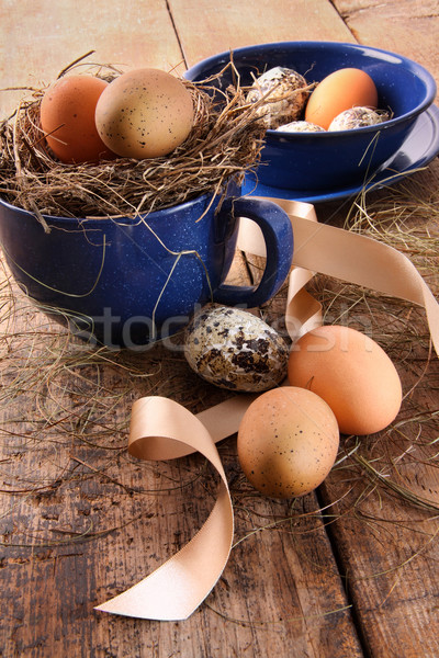 Húsvéti tojások kék csésze szalagok fogzománc fa Stock fotó © Sandralise