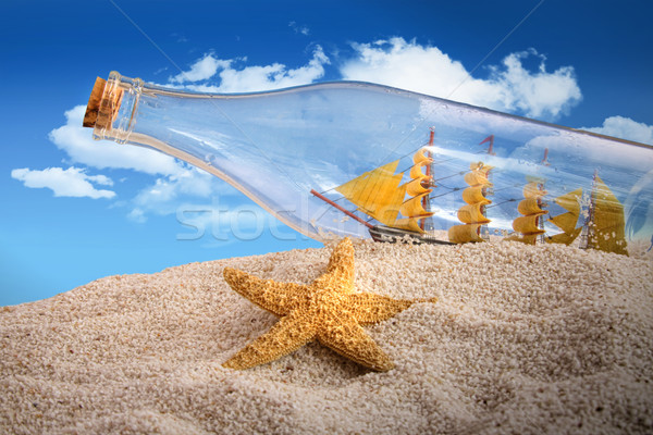 Stockfoto: Schip · fles · zand · strand · hemel