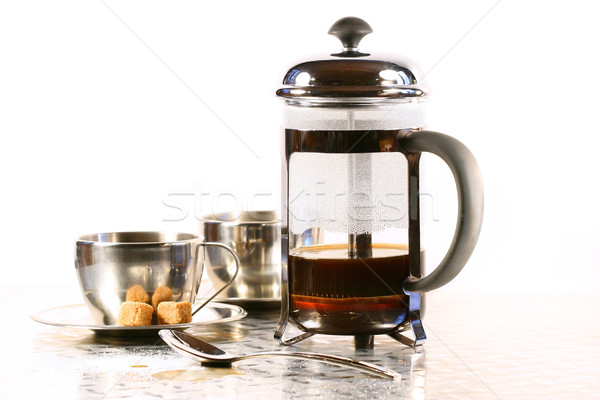 Foto d'archivio: Tazze · di · caffè · francese · stampa · caffè · metal · colazione