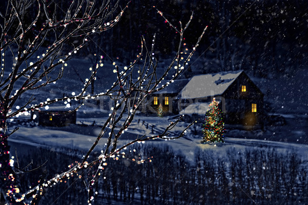 Stock photo: Snowy winter scene of a cabin in distance 