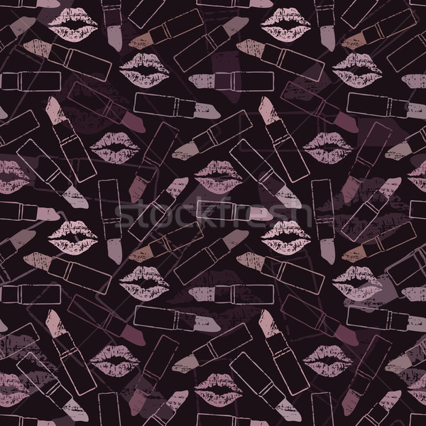 Scratched seamless pattern with lips and lipsticks on dark background   Stock photo © sanjanovakovic