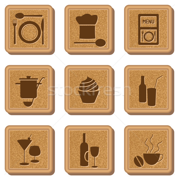 Restaurant icons on cork textured background in wooden frame Stock photo © sanjanovakovic