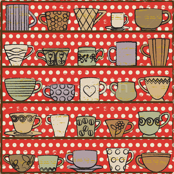 Stock photo: Vintage poster with cups and mugs on red dotted background