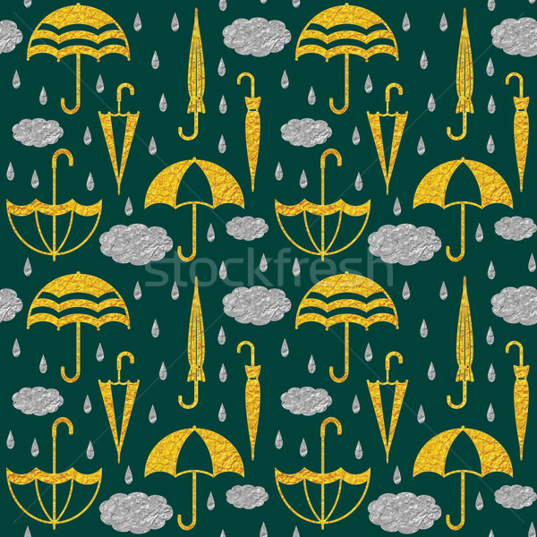 Golden umbrellas and silver clouds and raindrops on dark green  background vector seamless pattern Stock photo © sanjanovakovic