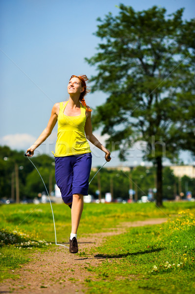 Stockfoto: Springen · touw · jonge · gelukkig · vrouw