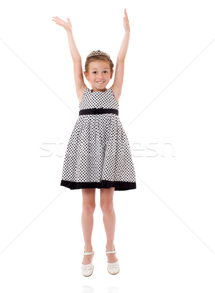 Foto stock: Saltando · menina · feliz · animado · isolado · branco