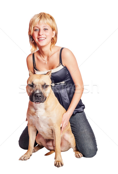 Femeie câine şedinţei împreună lupta cadastru Imagine de stoc © sapegina
