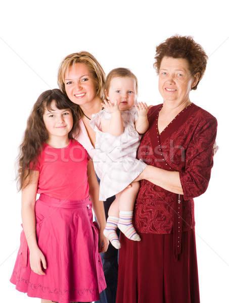 [[stock_photo]]: Famille · heureuse · quatre · personnes · ensemble · isolé · blanche · femmes