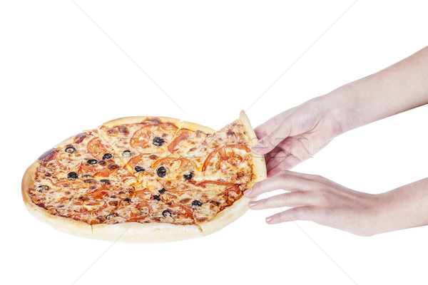 Foto stock: Mano · pizza · rebanada · delicioso · aislado