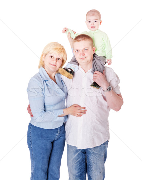 Trzy osoby rodziny szczęśliwą rodzinę stwarzające wraz odizolowany Zdjęcia stock © sapegina