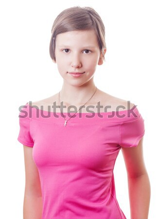 十幾歲的女孩 短發 粉紅色 襯衫 孤立 商業照片 © sapegina