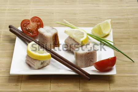Anguila aperitivo piezas ahumado placa adornar Foto stock © Saphira