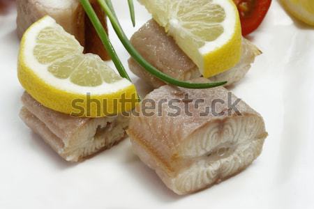 Vis voorgerechten stukken gerookt paling plaat Stockfoto © Saphira