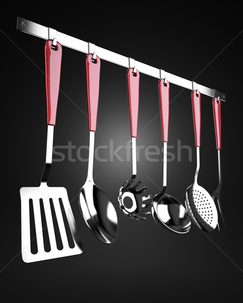 Foto stock: Cremalheira · cozinha · utensílios · conjunto · ferramentas · aço · inoxidável