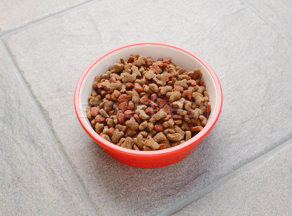 Red bowl of dry cat food on grey tile Stock photo © sarahdoow