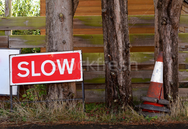 SLOW traffic sign with broken orange and white traffic cones Stock photo © sarahdoow