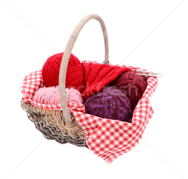 Stock photo: Pink, purple and red yarn with knitting in a basket