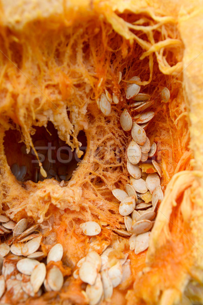 Stock photo: Inside of a pumpkin with stringy flesh and seeds