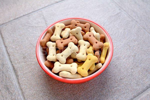 Red bowl full of dog biscuits on grey tile Stock photo © sarahdoow