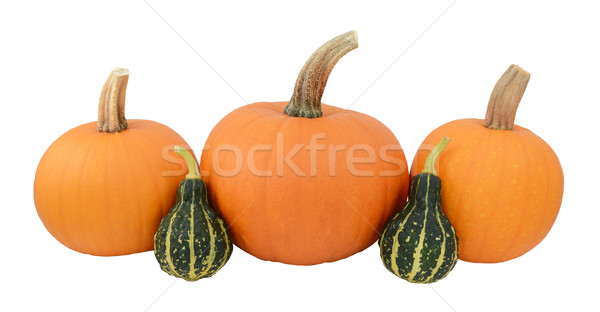 Three orange pumpkins with two green ornamental gourds Stock photo © sarahdoow