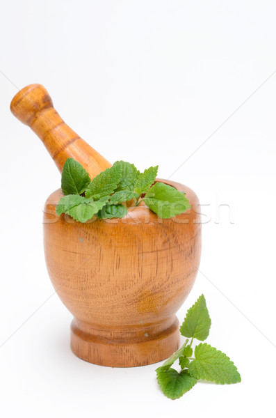 wooden mortar with melissa leaves Stock photo © Sarkao