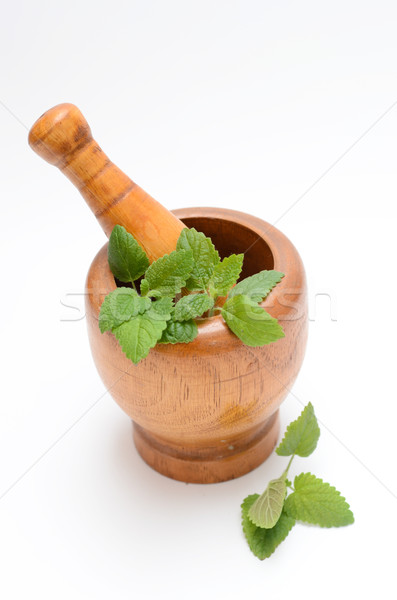 wooden mortar with melissa leaves Stock photo © Sarkao