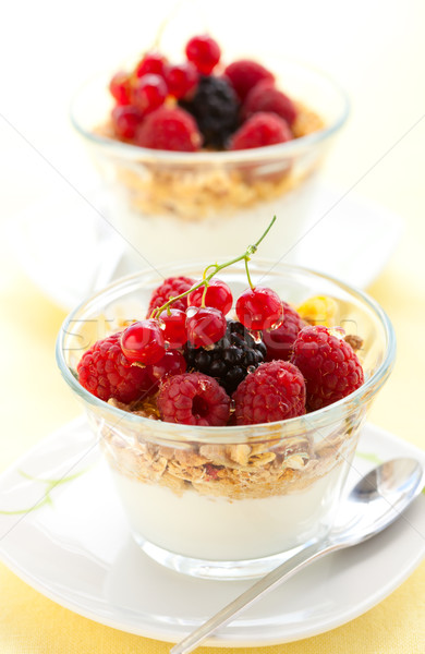 Foto d'archivio: Yogurt · muesli · frutti · di · bosco · miele · frutta · latte