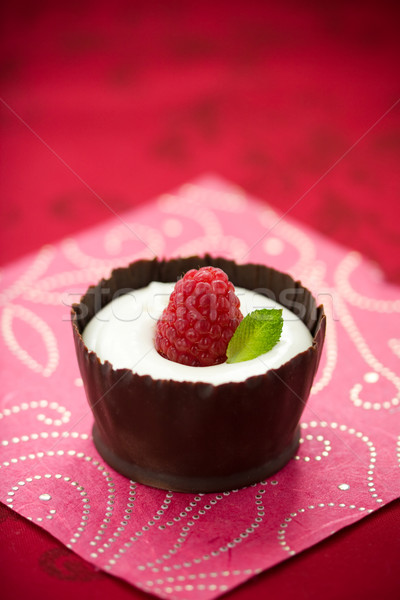 Stock photo: chocolate mousse with raspberry