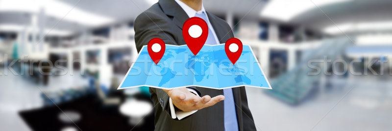 Foto stock: Empresário · digital · mapa · mãos · flutuante