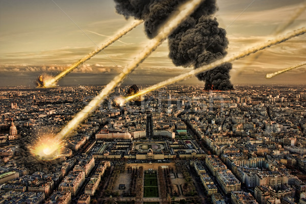 Meteoritos ducha ciudad edificios fuego mundo Foto stock © sdecoret