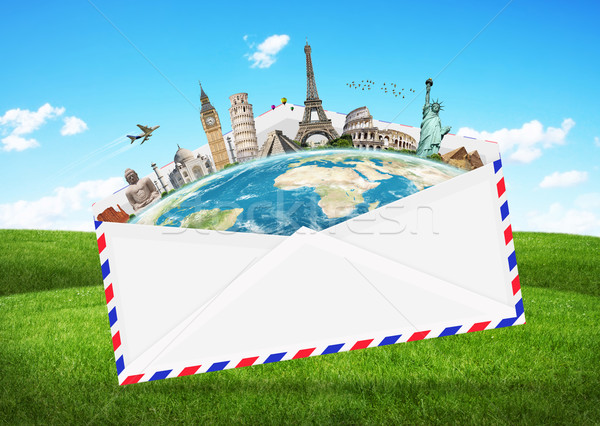 Illustratie envelop vol beroemd monumenten wereld Stockfoto © sdecoret