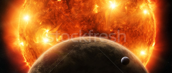 Stock photo: Exploding sun in space close to planet Earth and moon