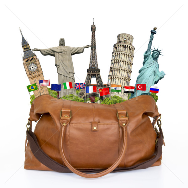 Illusztráció utazás táska tele híres műemlékek Stock fotó © sdecoret