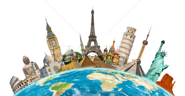 Faimos monumente lume împreună Planet Earth glob Imagine de stoc © sdecoret