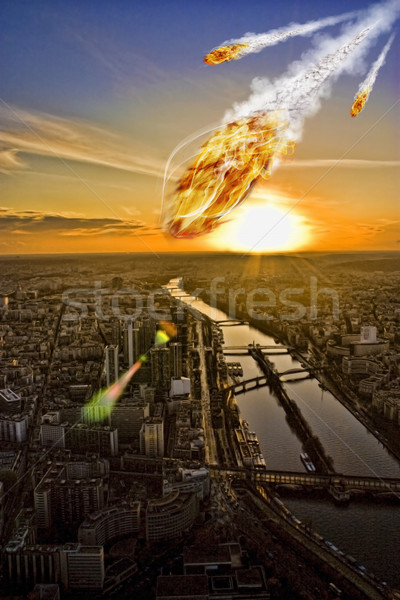 Meteorito chuveiro cidade edifícios fogo mundo Foto stock © sdecoret