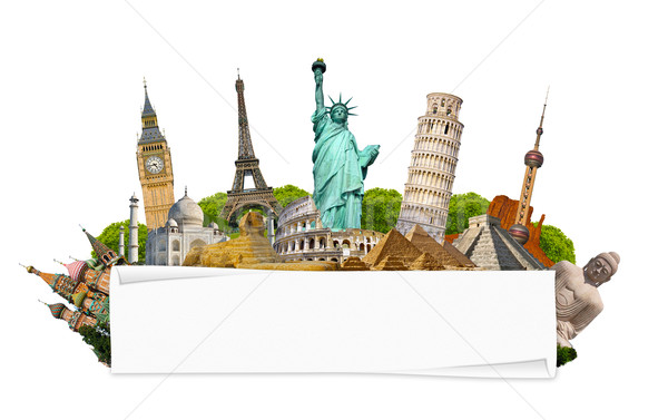 Stock photo: Famous monuments of the world with blank rolled paper