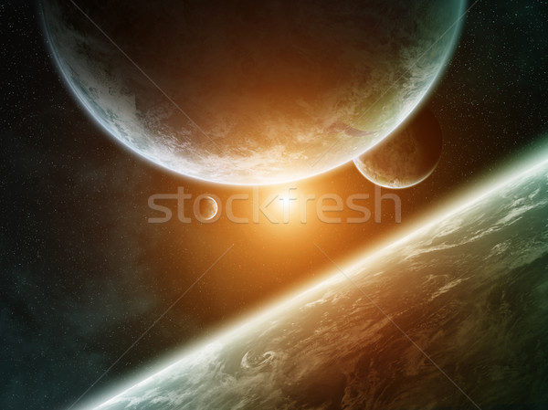 Foto stock: Nascer · do · sol · grupo · planetas · espaço · ver