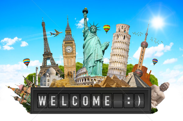 Monuments of the world on a airport billboard panel Stock photo © sdecoret