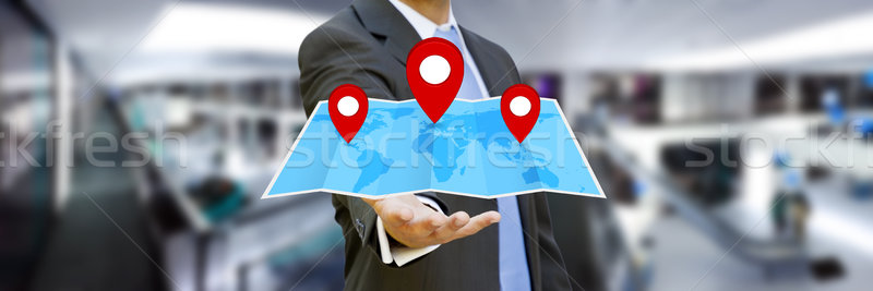 Foto stock: Empresário · digital · mapa · mãos · flutuante