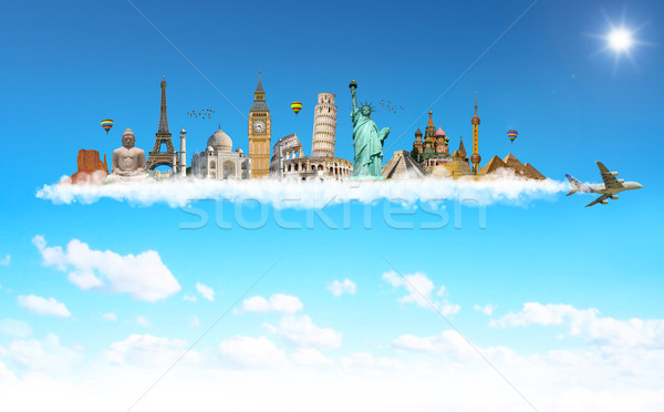 Famous monuments of the world behind a plane in blue sky Stock photo © sdecoret