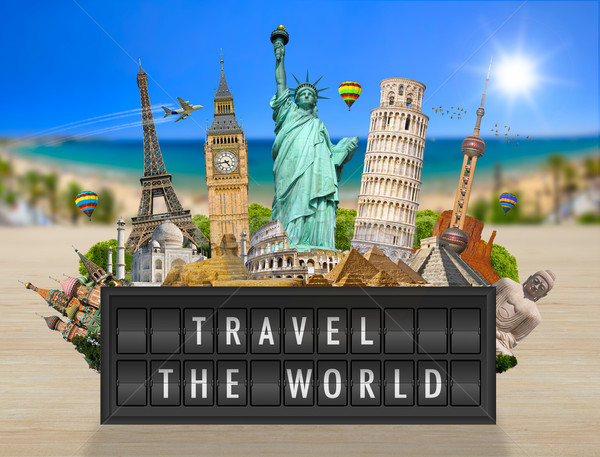 Monuments of the world on a airport billboard panel Stock photo © sdecoret