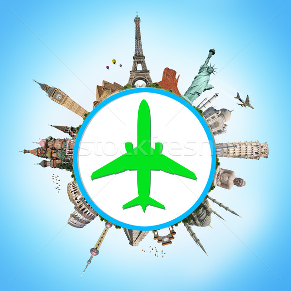 [[stock_photo]]: Illustration · célèbre · monde · monuments · avion · icône