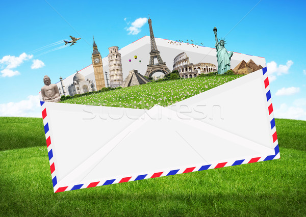 Foto stock: Ilustração · envelope · completo · famoso · monumentos · mundo