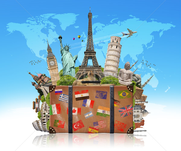 Illusztráció bőrönd tele híres műemlékek világ Stock fotó © sdecoret
