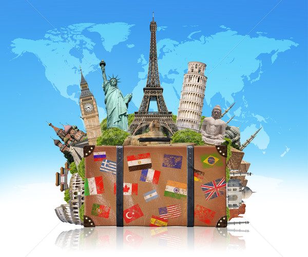 Ilustracja walizkę pełny słynny zabytki świat Zdjęcia stock © sdecoret