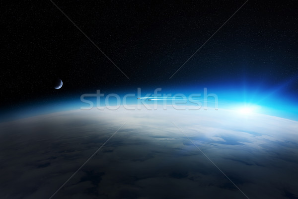 [[stock_photo]]: Sunrise · planète · terre · espace · vue · ciel · coucher · du · soleil